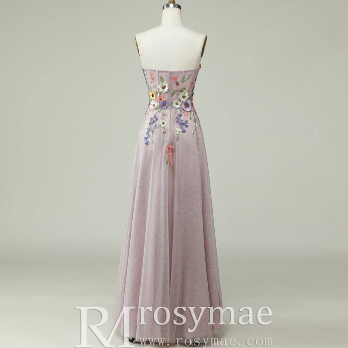 Colorful Embroidered A-Line Dress with Glitter Tulle Skirt and Cascading Wildflower Motifs - Rosymae