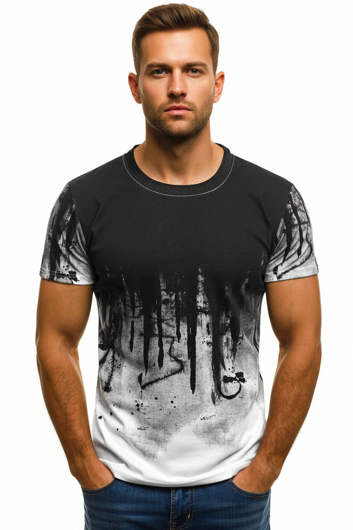 Men's gradient fitness shirt with short sleeves and a crew neckline, displayed online for size and style review at PrintOne1.