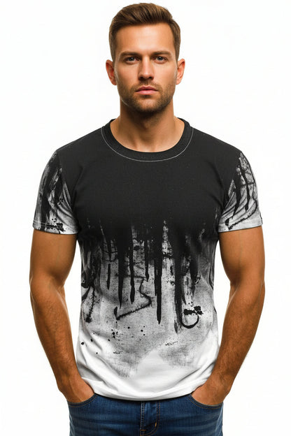 Men's gradient fitness shirt with short sleeves and a crew neckline, displayed online for size and style review at PrintOne1.