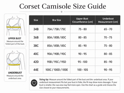A sizing guide chart titled 'Corset Camisole Size Guide' with illustrated torso diagrams showing upper bust and underbust measurements, plus a size table listing bra sizes and measurements from 34B to 44E.