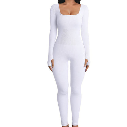 White ribbed long-sleeve jumpsuit on a white background