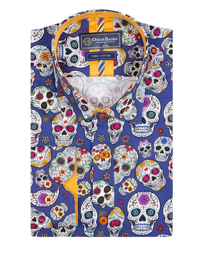 Dark Blue day of the dead Skull Print Shirt with Matching Handkerchief