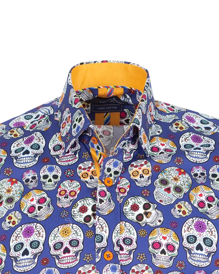 Dark Blue day of the dead Skull Print Shirt with Matching Handkerchief
