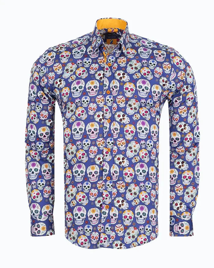 Dark Blue day of the dead Skull Print Shirt with Matching Handkerchief