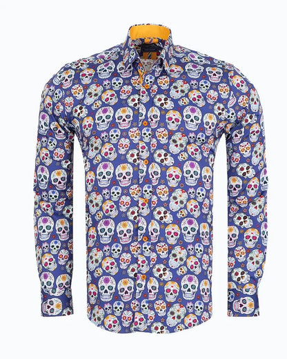 Dark Blue day of the dead Skull Print Shirt with Matching Handkerchief