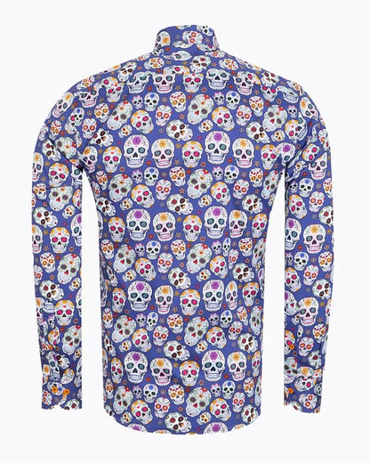 Dark Blue day of the dead Skull Print Shirt with Matching Handkerchief