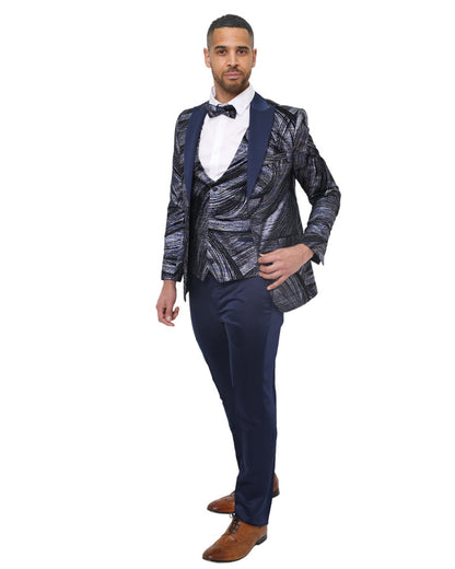 Dark Blue Fashion Men's 4 Piece Textured Suit-Makrom