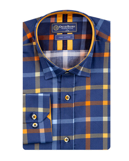 Dark Blue Flannel Print Men's Shirt with Matching Handkerchief-Makrom