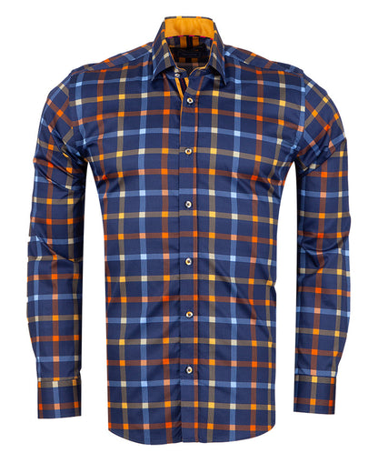 Dark Blue Flannel Print Men's Shirt with Matching Handkerchief-Makrom