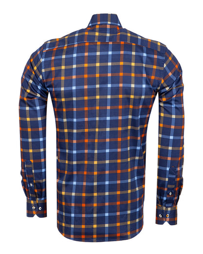 Dark Blue Flannel Print Men's Shirt with Matching Handkerchief-Makrom