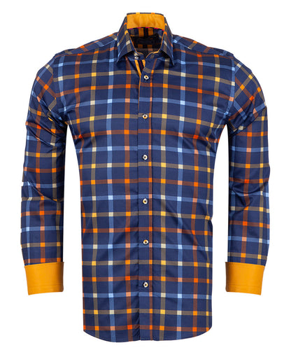Dark Blue Flannel Print Men's Shirt with Matching Handkerchief-Makrom