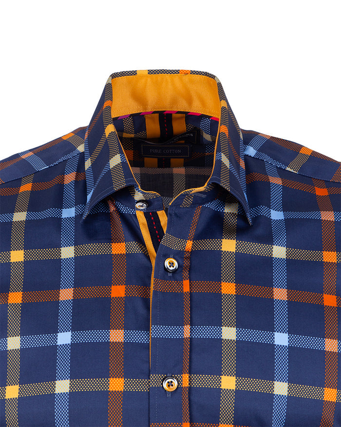 Dark Blue Flannel Print Men's Shirt with Matching Handkerchief-Makrom