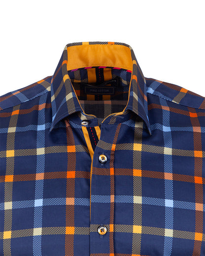 Dark Blue Flannel Print Men's Shirt with Matching Handkerchief-Makrom