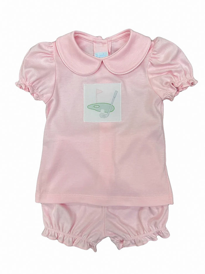 Day At The Course-Pink Collared Knit Bloomer Set