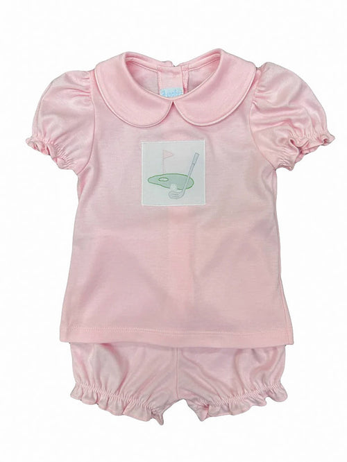Day At The Course-Pink Collared Knit Bloomer Set