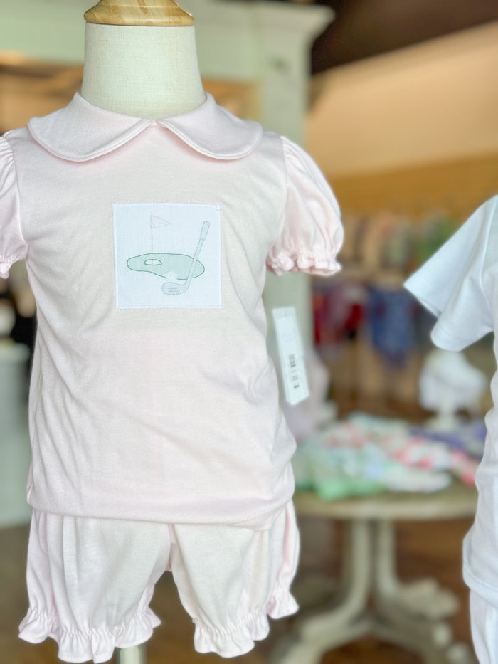 Day At The Course-Pink Collared Knit Bloomer Set
