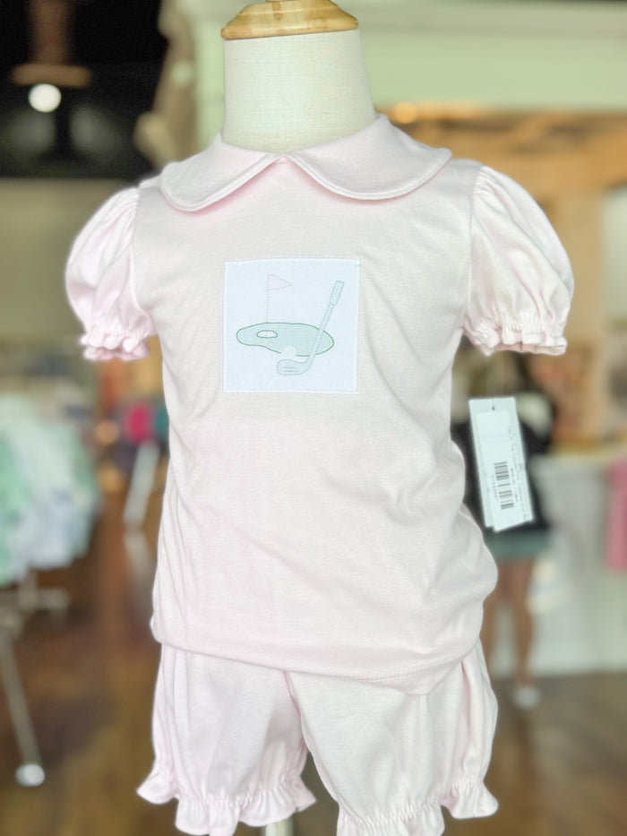 Day At The Course-Pink Collared Knit Bloomer Set