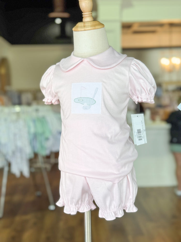 Day At The Course-Pink Collared Knit Bloomer Set