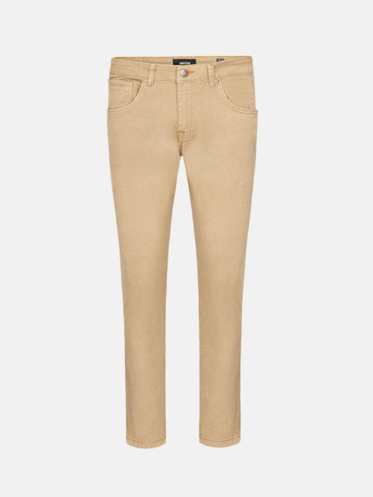 Cropped shot of light beige men's slim fit jeans – Wam Denim.