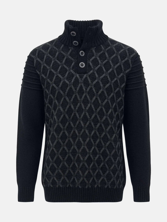 Anthracite men’s knit sweater with textured geometric pattern and high button-neck design.