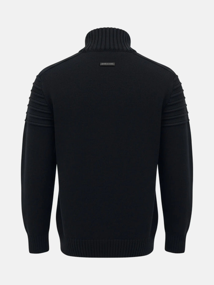 Back view of an anthracite men’s knit sweater with ribbed texture and structured shoulders.