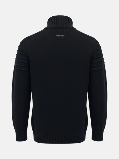 Back view of an anthracite men’s knit sweater with ribbed texture and structured shoulders.