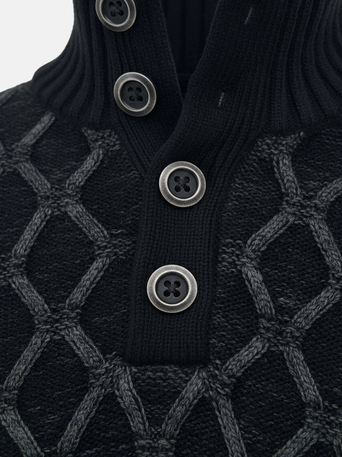 Close-up of anthracite knit sweater showing textured pattern and metallic button details.