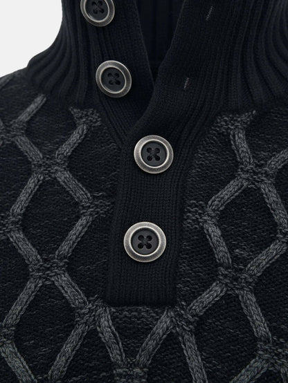 Close-up of anthracite knit sweater showing textured pattern and metallic button details.