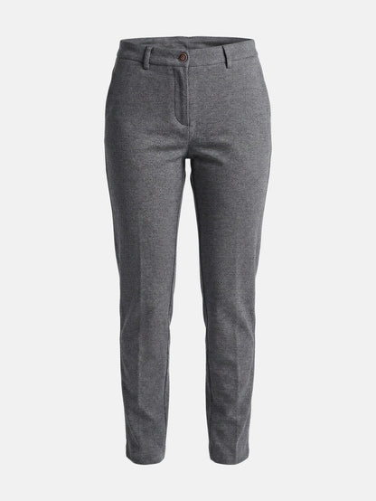 Grey slim-fit men's pantalon with button closure and belt loops, showcasing modern tailored trousers.