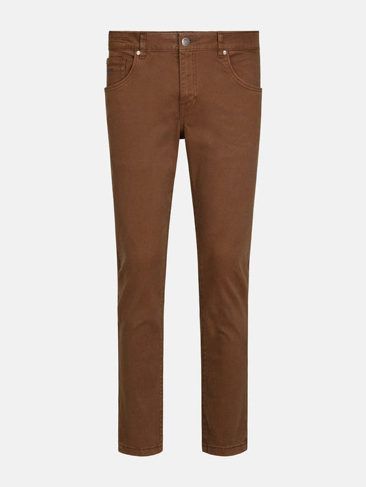 Full view of brown slim-fit jeans, stylish casual wear. – Wam Denim.