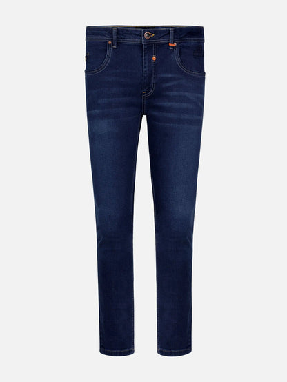 Dark Navy slim-fit denim jeans with subtle fading and classic five-pocket design – Wam Denim.