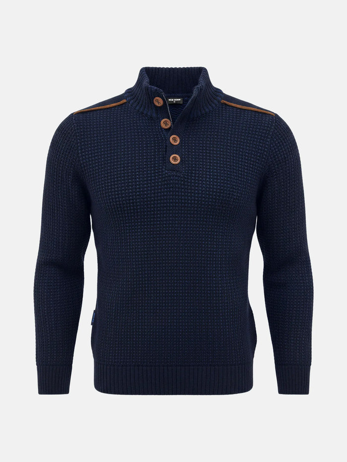 Indigo navy men’s knit sweater with textured pattern and brown button-neck design.