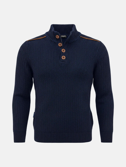 Indigo navy men’s knit sweater with textured pattern and brown button-neck design.