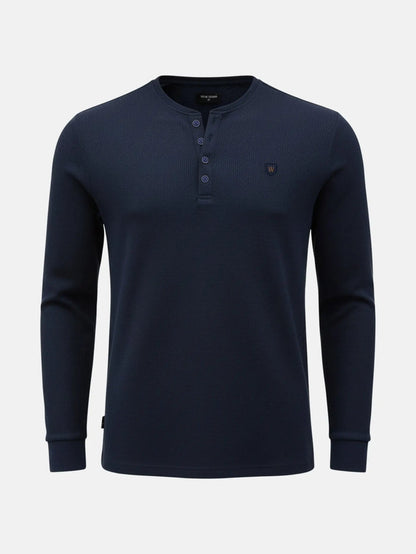 Navy long-sleeve men’s sweater with buttoned neckline, Zest Navy sweater.