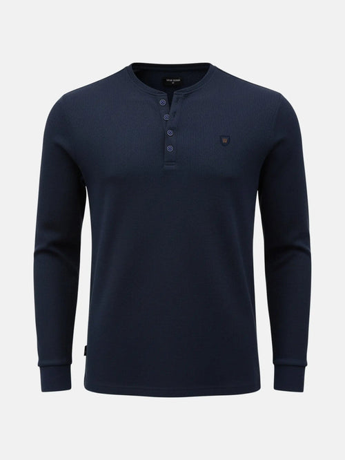 Navy long-sleeve men’s sweater with buttoned neckline, Zest Navy sweater.