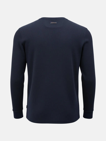 Back view of navy long-sleeve men’s sweater in the Zest Navy style.