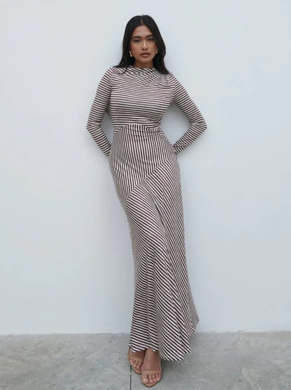 Delilah Asymmetric Jersey Maxi Dress (Brown/Cream)