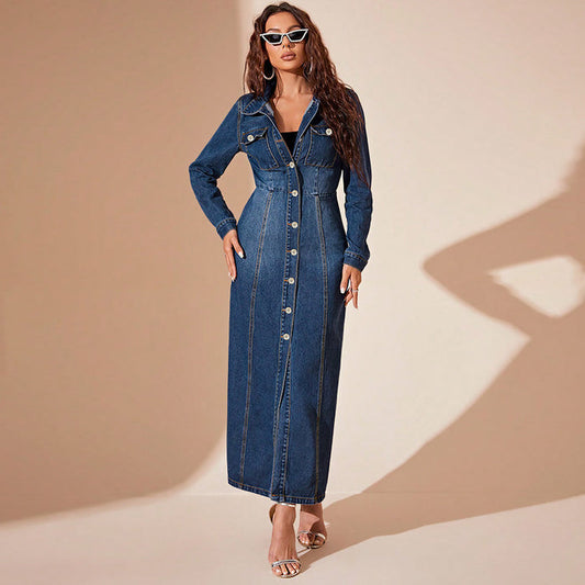 Close-up buttons on Denim Button Cardigan Jacket Dress collar