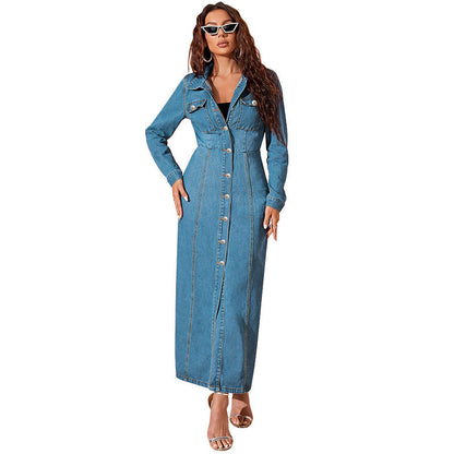Back view of Denim Button Cardigan Jacket Dress silhouette