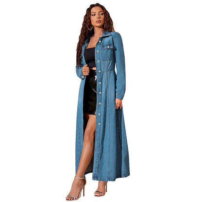 Denim Button Cardigan Jacket Dress full-length city shot