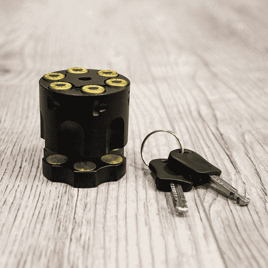 Disc Lock 6 Shooter: Original Voss 6 Shooter Motorcycle Disc Lock in Matte Black: secure your bike with our high-end bike loc