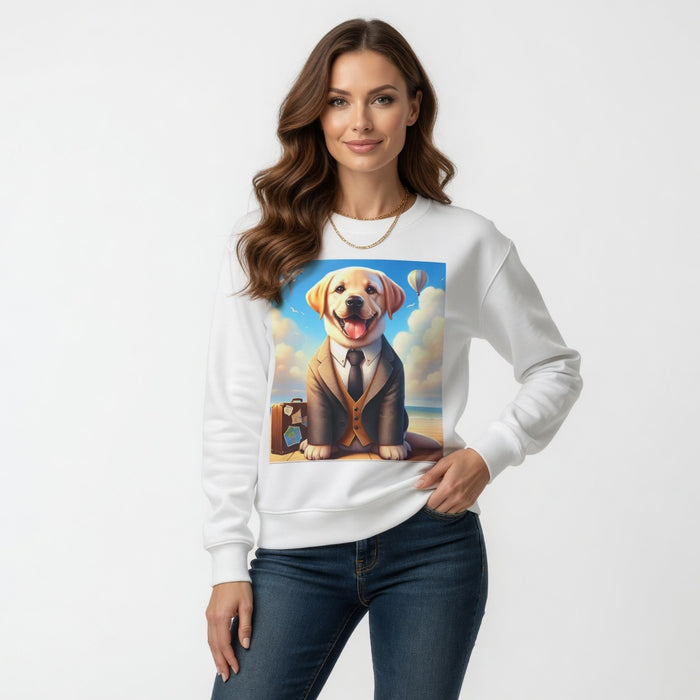 White dog in suit sweatshirt shown in a neat product image with crew neckline, long sleeves and centered dog graphic artwork.