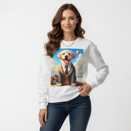 White dog in suit sweatshirt shown in a neat product image with crew neckline, long sleeves and centered dog graphic artwork.