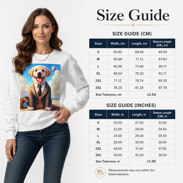 Model in white dog in suit sweatshirt beside size guide tables, showing long sleeves, crew neckline and centered dog graphic.