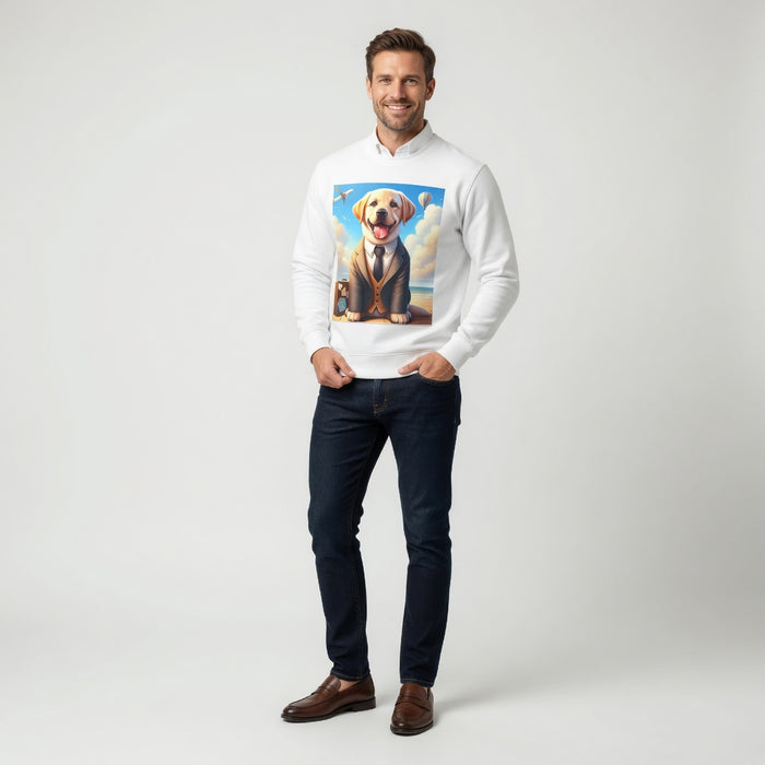 Close-up of the dog in suit sweatshirt graphic showing the dressed-up animal design and clear printed detail on white fabric.