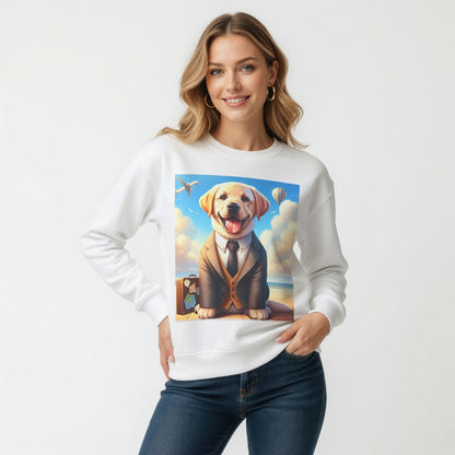 White dog lover sweatshirt shown with the dog in suit illustration, crew neckline, long sleeves, and a casual pullover shape.