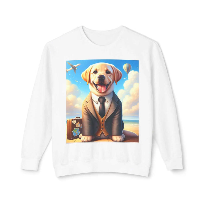 White dog in suit sweatshirt shown from the front with ribbed cuffs, hem, crew neckline, and centered printed animal graphic.