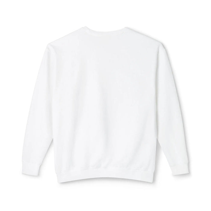 Model wearing the white dog in suit sweatshirt in a casual full-length outfit view with the printed graphic visible at front.
