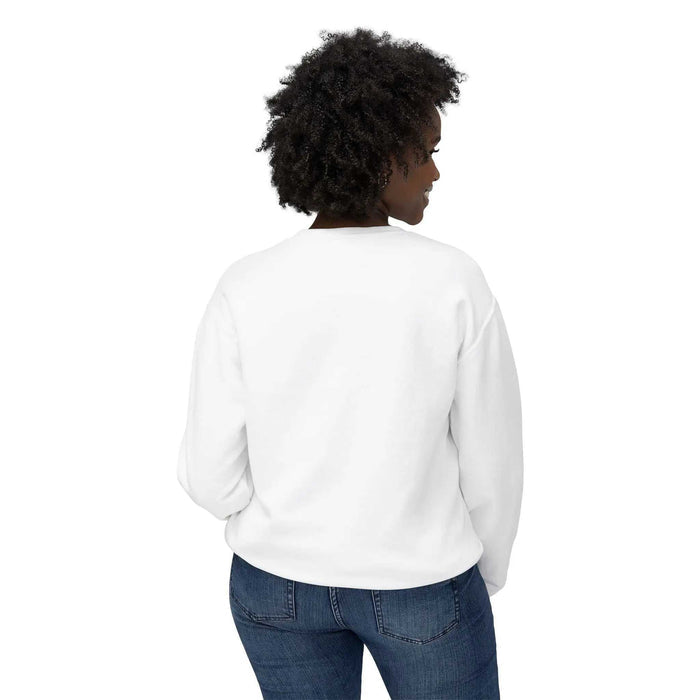Close-up of the dog in suit graphic on the white sweatshirt, showing the fine printed artwork and surrounding fabric texture.