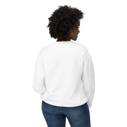 Close-up of the dog in suit graphic on the white sweatshirt, showing the fine printed artwork and surrounding fabric texture.